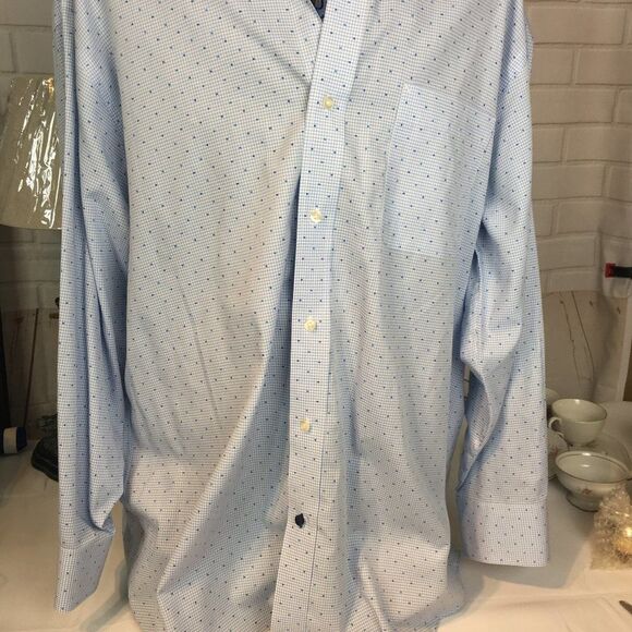Mens Tommy Hilfiger Blue H-Print Preppy Dress Shirt 17.5 L Collared Button - Picture 2 of 9